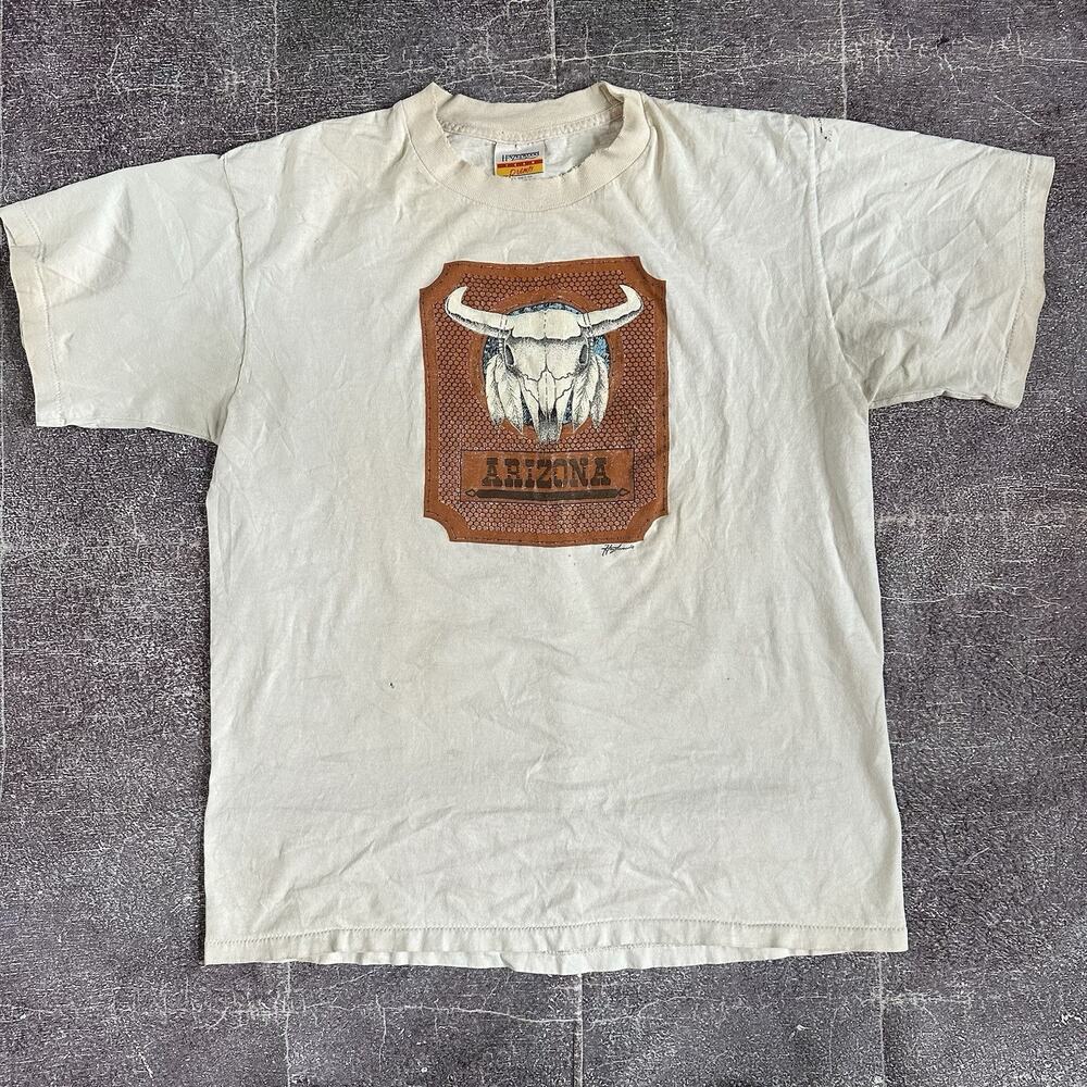 Men's Vintage 90's Hazelwood Arizona Western Bull Skull White T Shirt Tee Sz L
